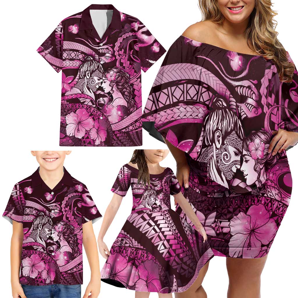 Personalised Maori Romantic Valentine Family Matching Off Shoulder Short Dress and Hawaiian Shirt The Hongi Kiss Pink Galaxy DT05 - Polynesian Pride