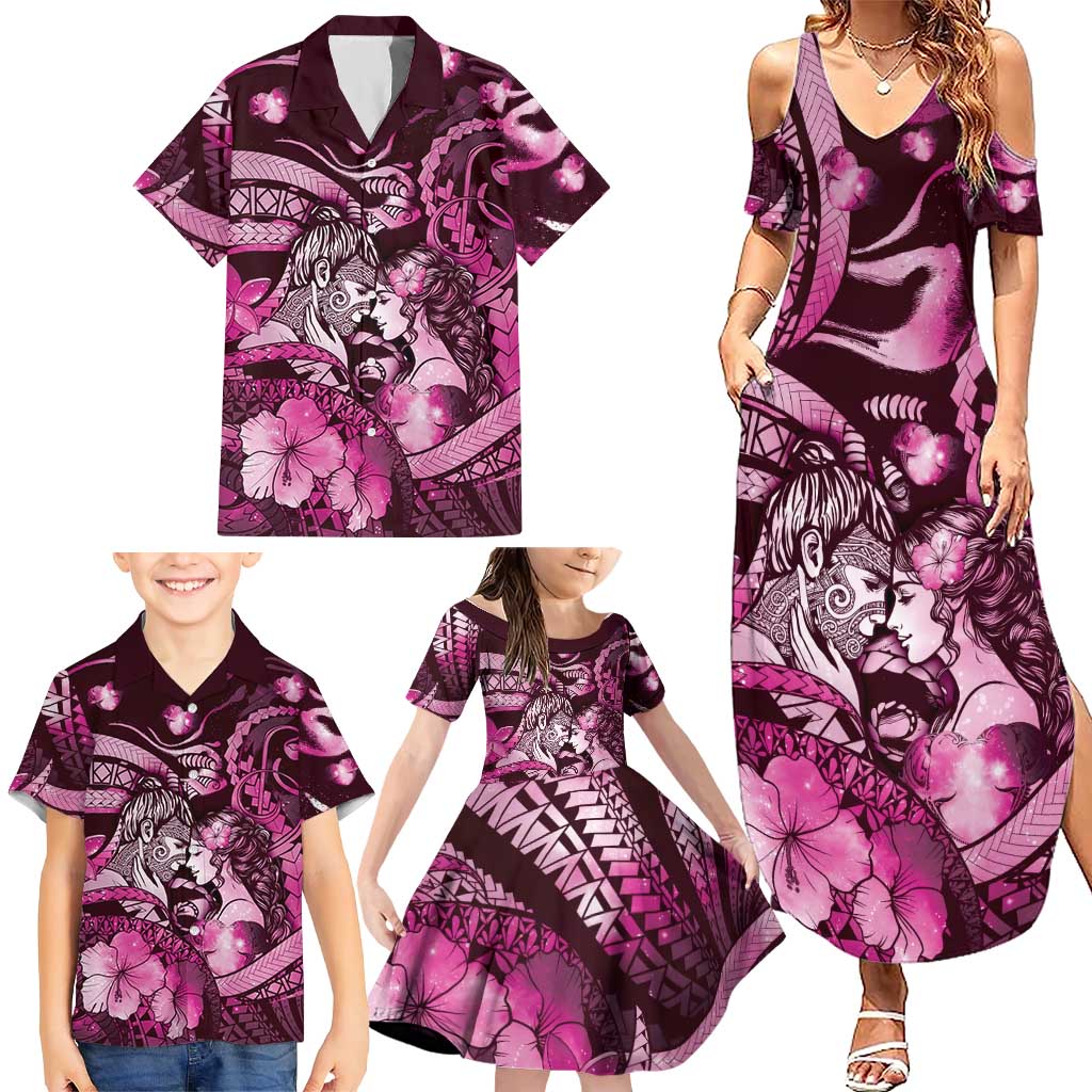 Personalised Maori Romantic Valentine Family Matching Summer Maxi Dress and Hawaiian Shirt The Hongi Kiss Pink Galaxy DT05 - Polynesian Pride