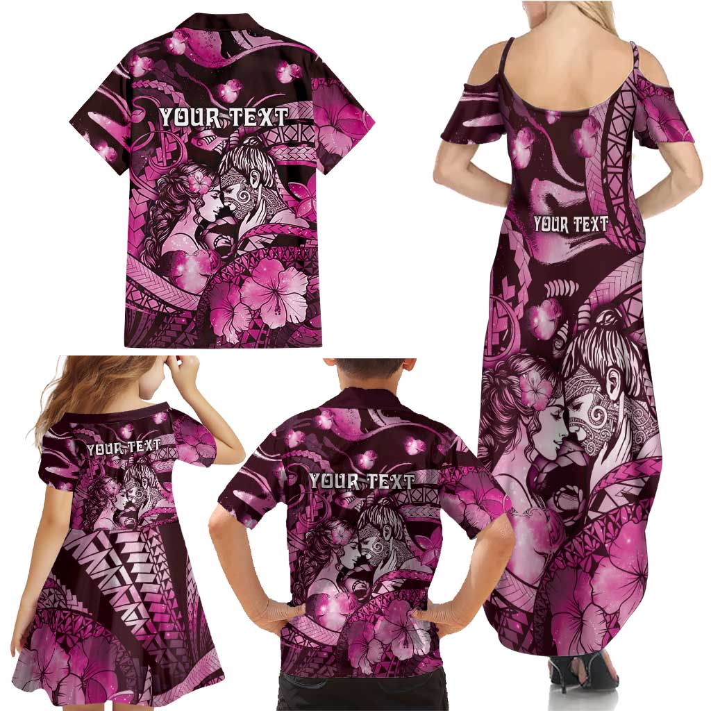 Personalised Maori Romantic Valentine Family Matching Summer Maxi Dress and Hawaiian Shirt The Hongi Kiss Pink Galaxy DT05 - Polynesian Pride