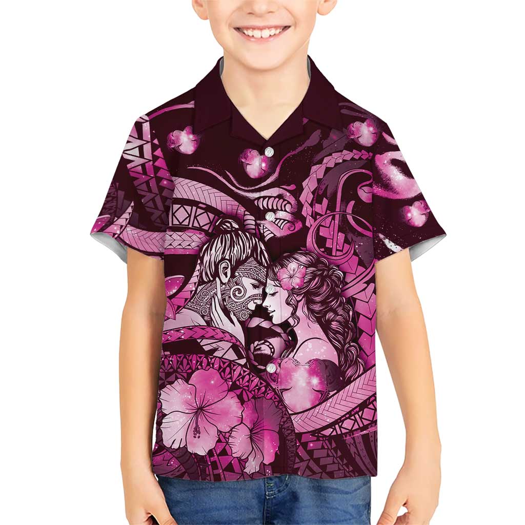 Personalised Maori Romantic Valentine Kid Hawaiian Shirt The Hongi Kiss Pink Galaxy DT05 Kid Pink - Polynesian Pride