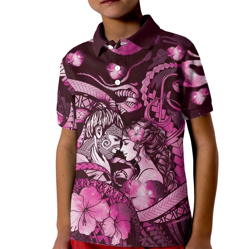 Personalised Maori Romantic Valentine Kid Polo Shirt The Hongi Kiss Pink Galaxy DT05 Kid Pink - Polynesian Pride