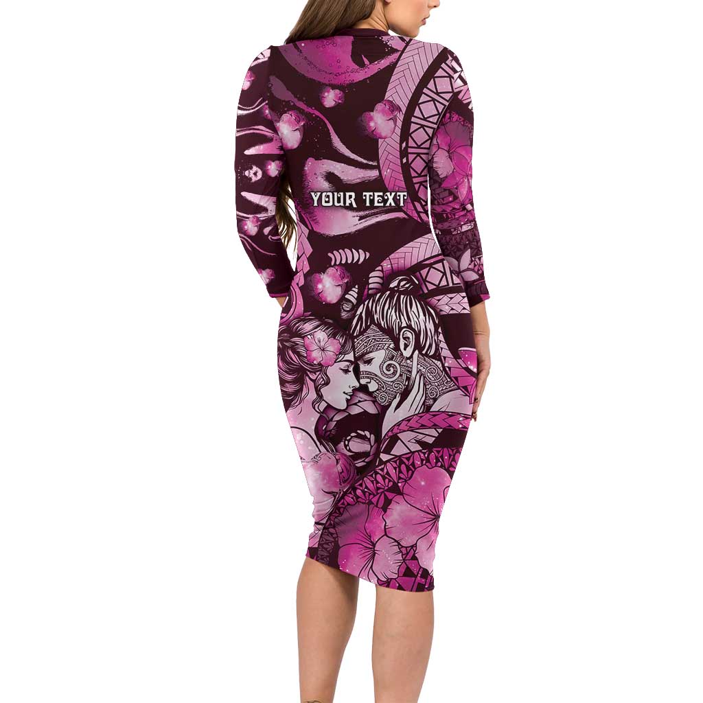 Personalised Maori Romantic Valentine Long Sleeve Bodycon Dress The Hongi Kiss Pink Galaxy DT05 - Polynesian Pride