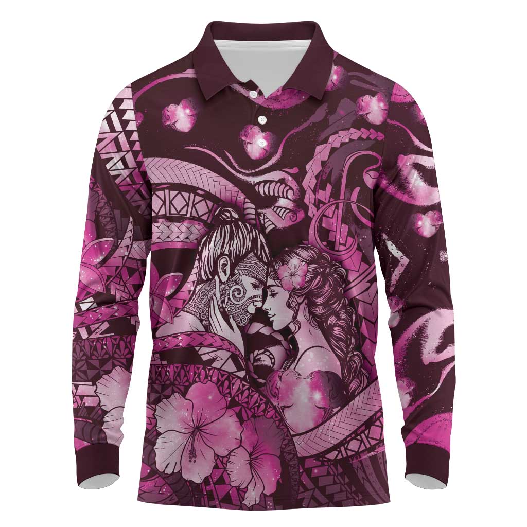 Personalised Maori Romantic Valentine Long Sleeve Polo Shirt The Hongi Kiss Pink Galaxy DT05 Pink - Polynesian Pride