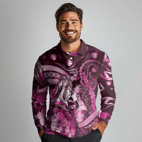 Personalised Maori Romantic Valentine Long Sleeve Polo Shirt The Hongi Kiss Pink Galaxy DT05 - Polynesian Pride