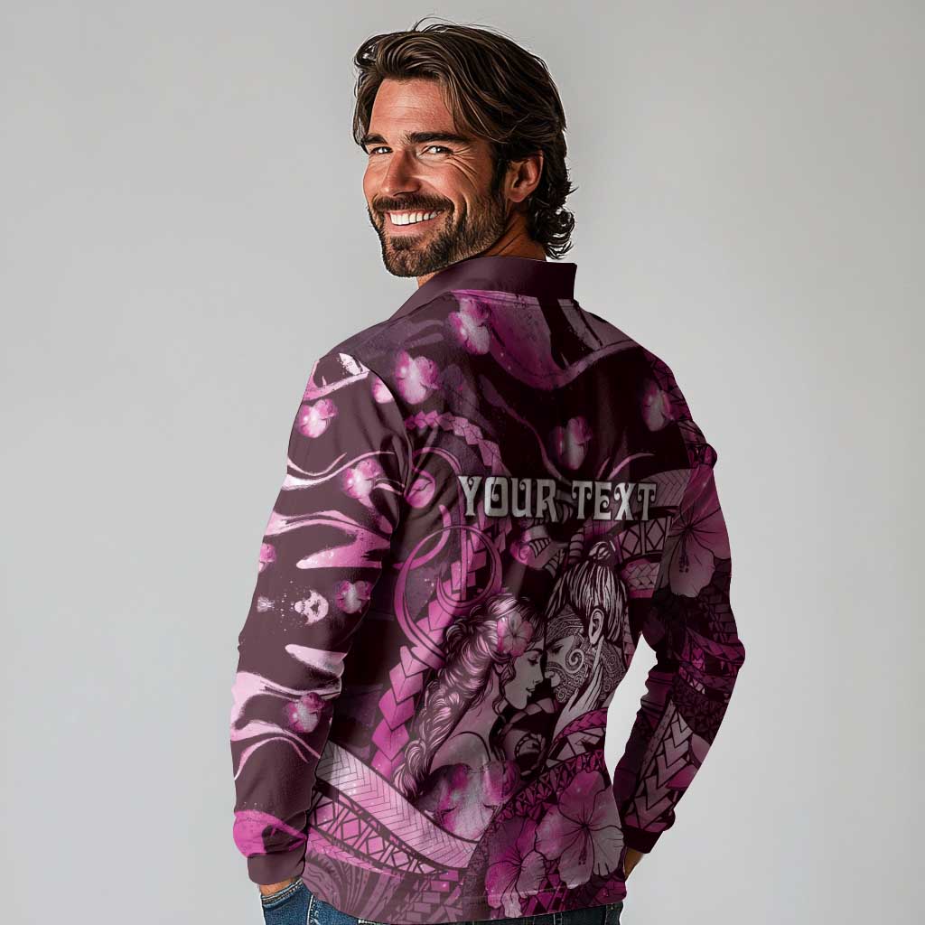 Personalised Maori Romantic Valentine Long Sleeve Polo Shirt The Hongi Kiss Pink Galaxy DT05 - Polynesian Pride