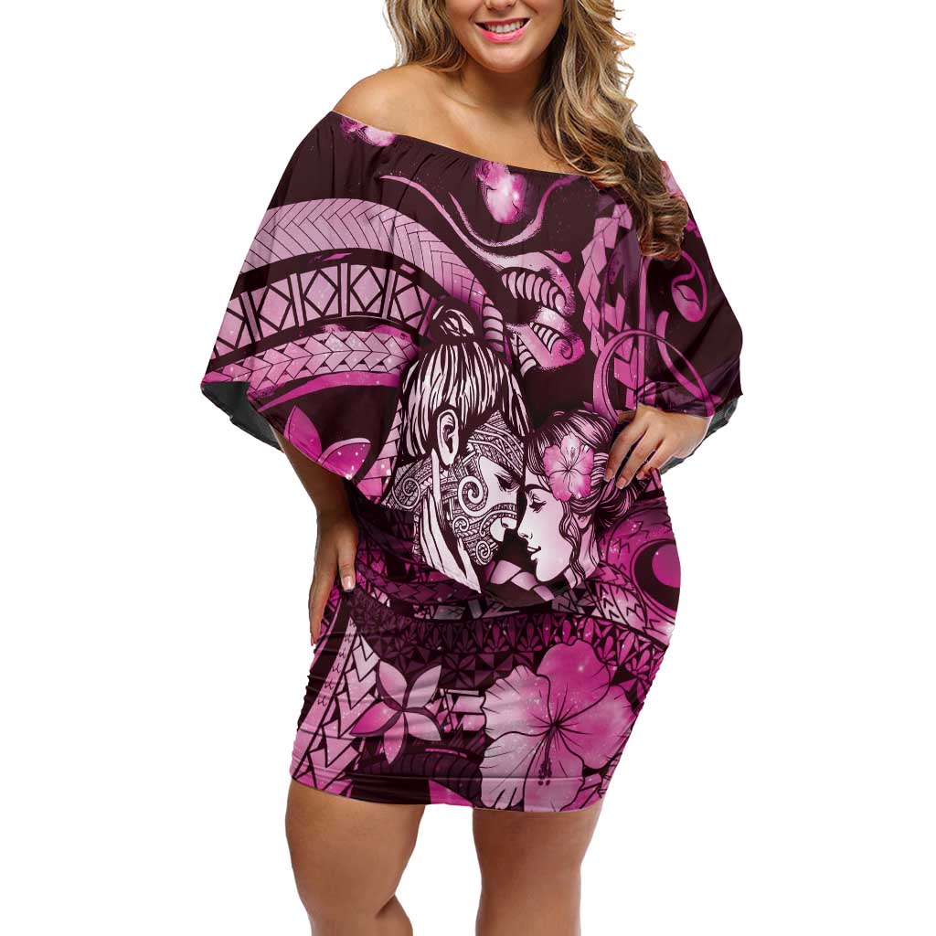 Personalised Maori Romantic Valentine Off Shoulder Short Dress The Hongi Kiss Pink Galaxy DT05 Women Pink - Polynesian Pride