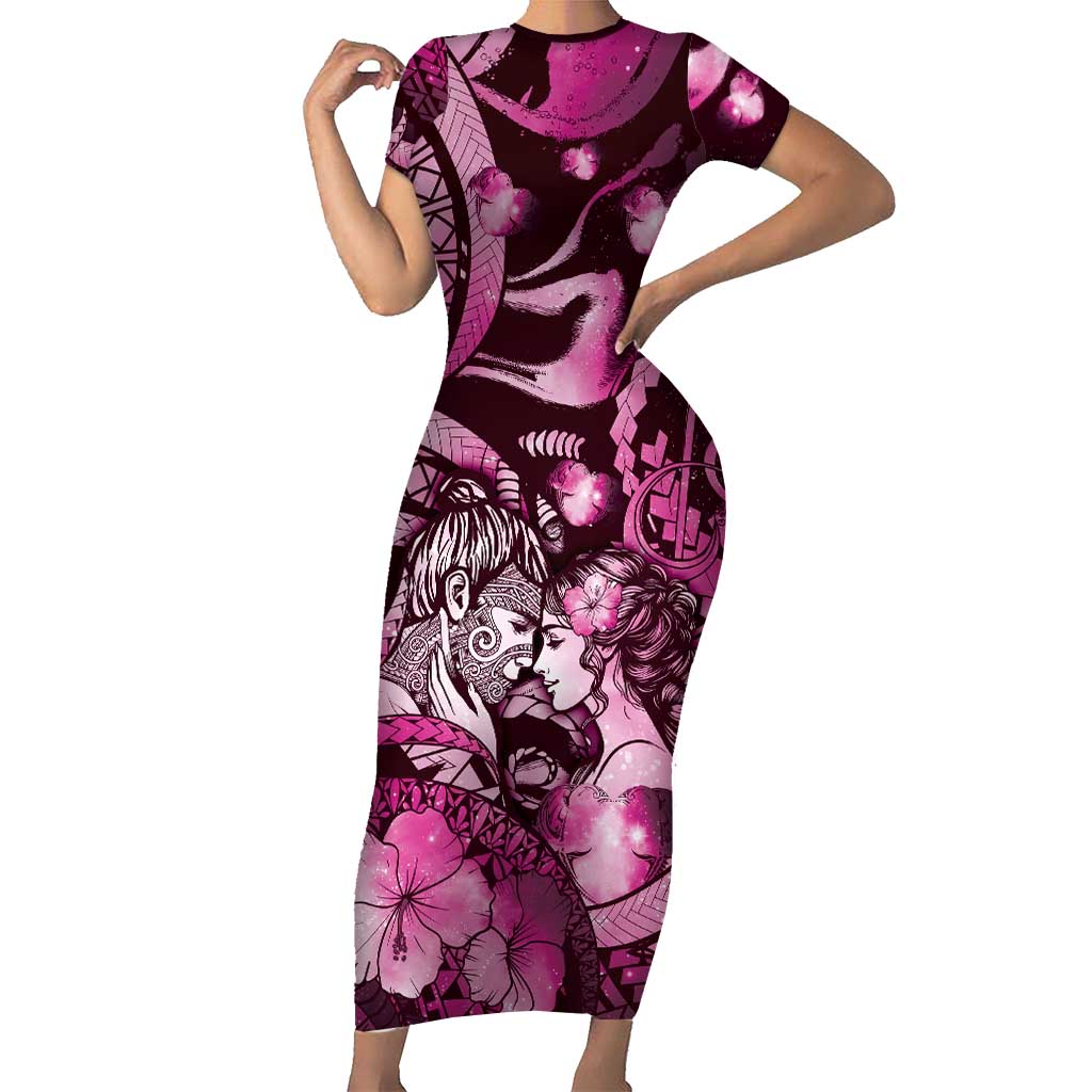 Personalised Maori Romantic Valentine Short Sleeve Bodycon Dress The Hongi Kiss Pink Galaxy DT05 Long Dress Pink - Polynesian Pride