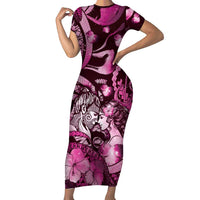 Personalised Maori Romantic Valentine Short Sleeve Bodycon Dress The Hongi Kiss Pink Galaxy DT05 Long Dress Pink - Polynesian Pride