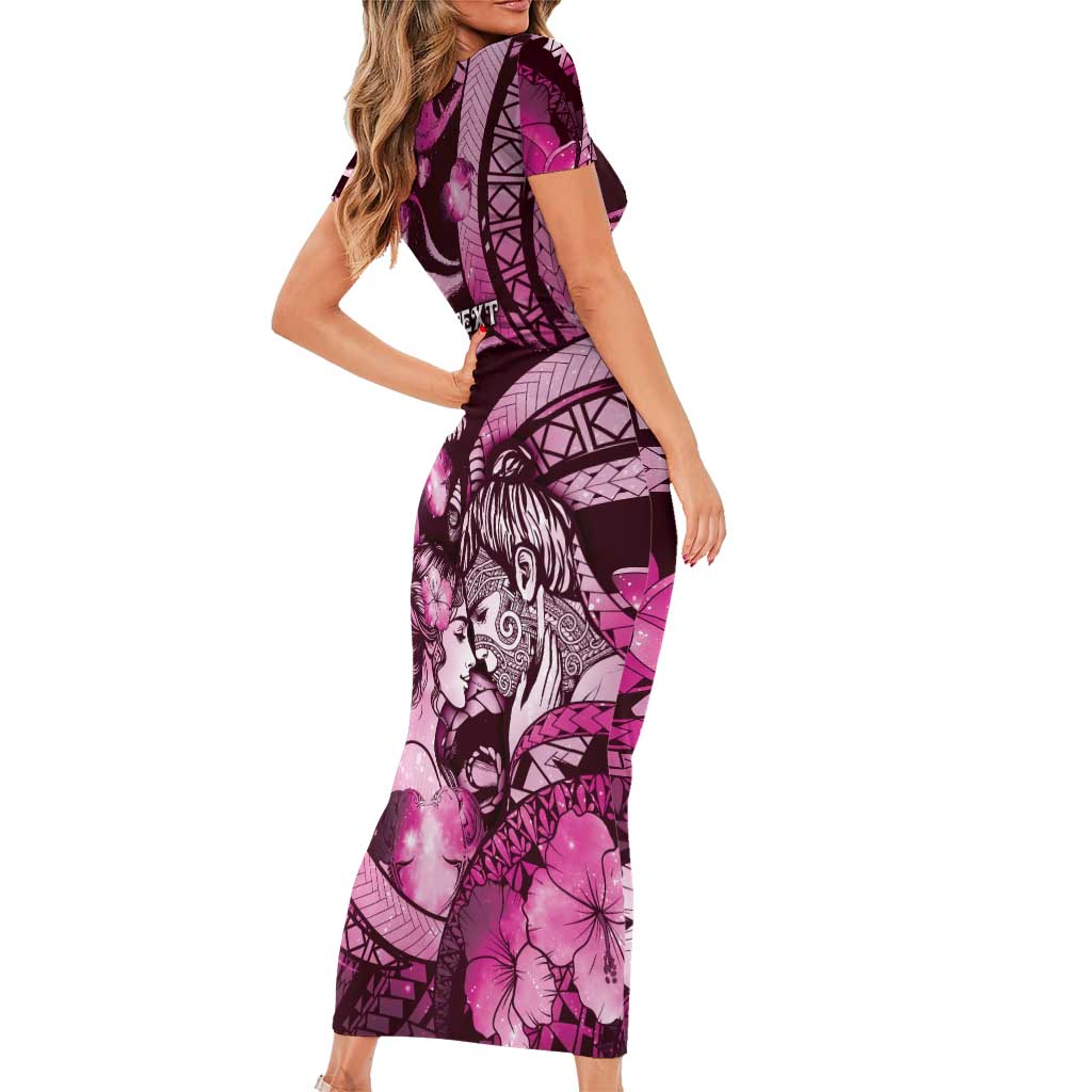 Personalised Maori Romantic Valentine Short Sleeve Bodycon Dress The Hongi Kiss Pink Galaxy DT05 - Polynesian Pride