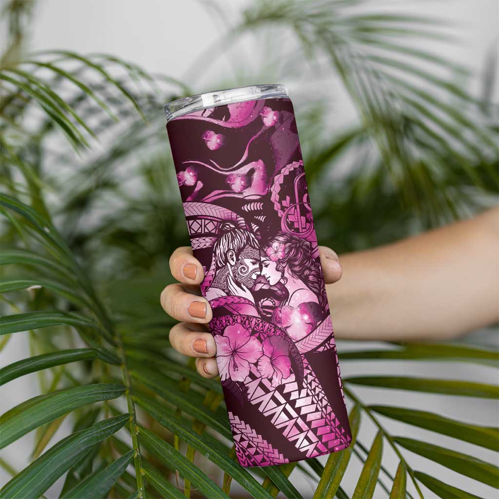 Personalised Maori Romantic Valentine Skinny Tumbler The Hongi Kiss Pink Galaxy DT05 - Polynesian Pride