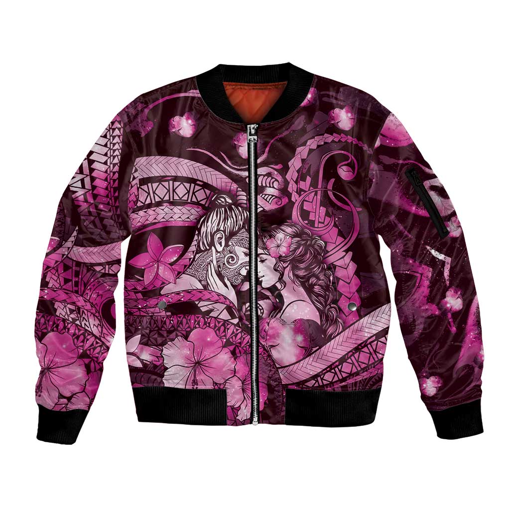 Personalised Maori Romantic Valentine Sleeve Zip Bomber Jacket The Hongi Kiss Pink Galaxy DT05 Unisex Pink - Polynesian Pride