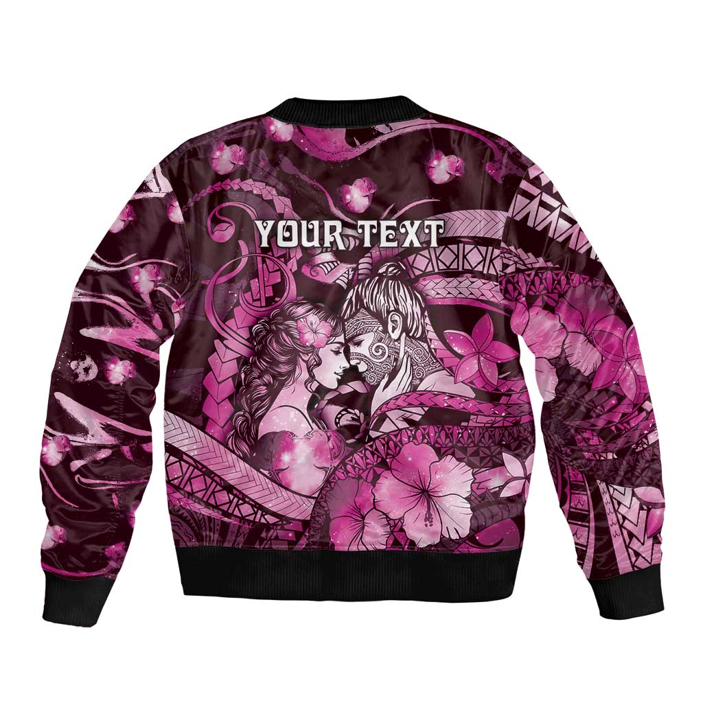 Personalised Maori Romantic Valentine Sleeve Zip Bomber Jacket The Hongi Kiss Pink Galaxy DT05 - Polynesian Pride
