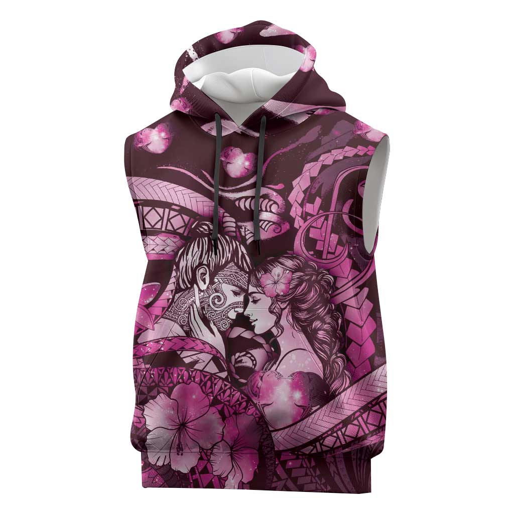 Personalised Maori Romantic Valentine Sleeveless Hoodie The Hongi Kiss Pink Galaxy