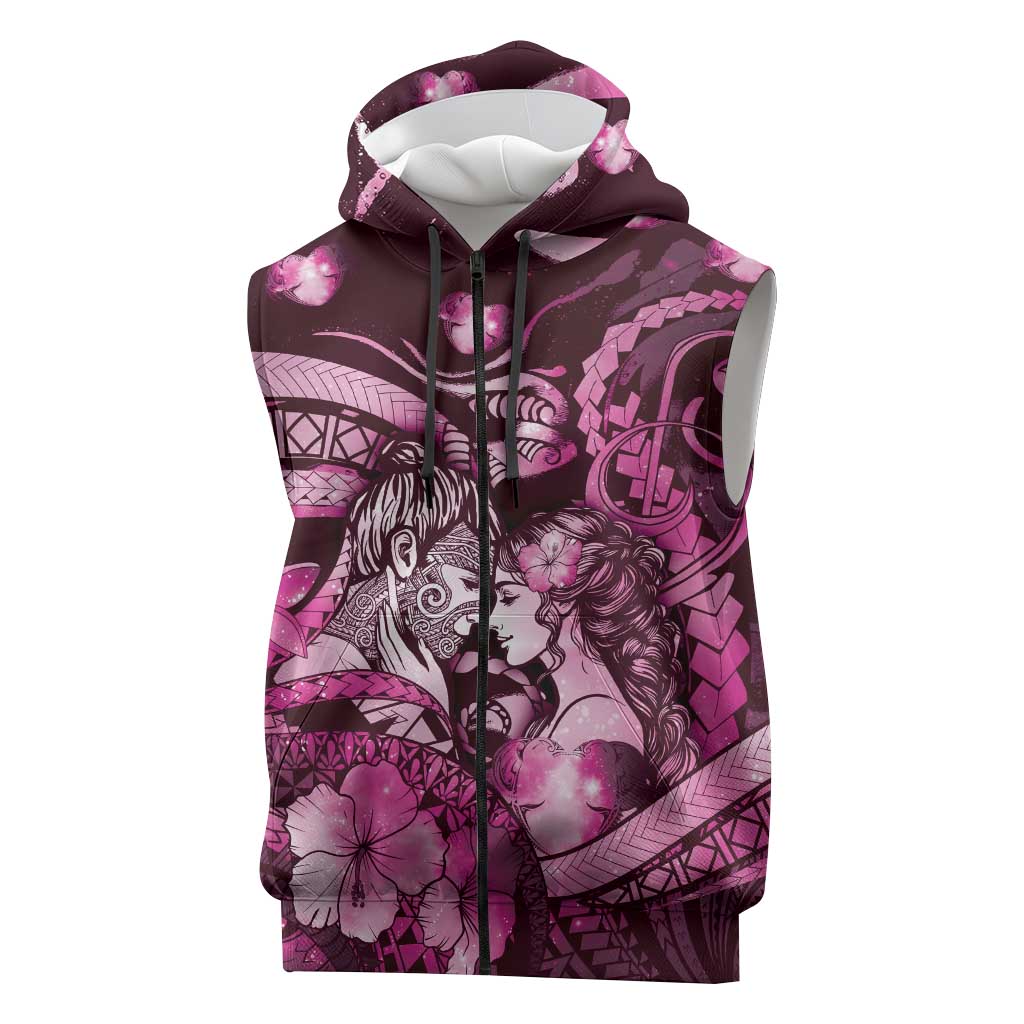 Personalised Maori Romantic Valentine Sleeveless Zip Hoodie The Hongi Kiss Pink Galaxy