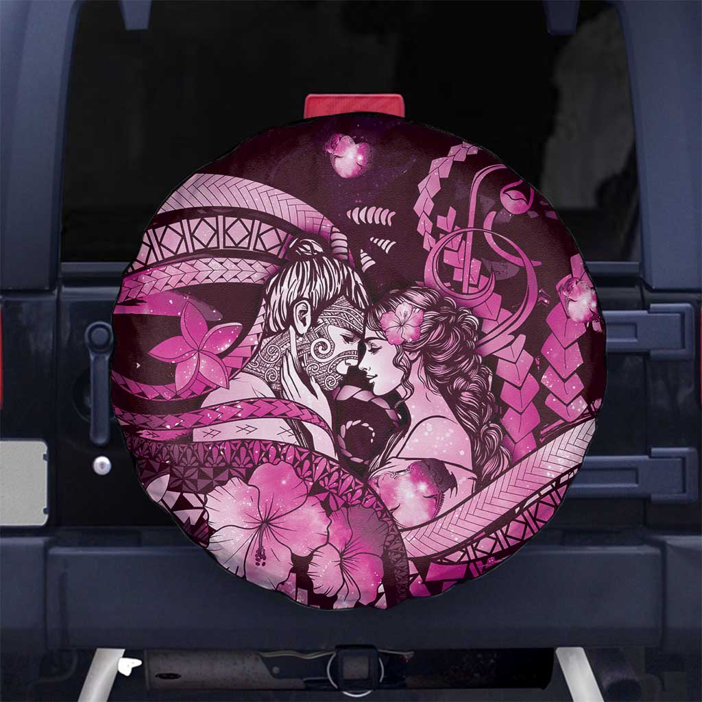Maori Romantic Valentine Spare Tire Cover The Hongi Kiss Pink Galaxy