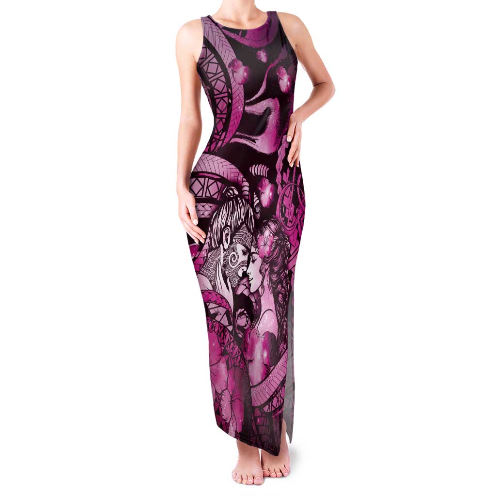 Personalised Maori Romantic Valentine Tank Maxi Dress The Hongi Kiss Pink Galaxy DT05 Women Pink - Polynesian Pride