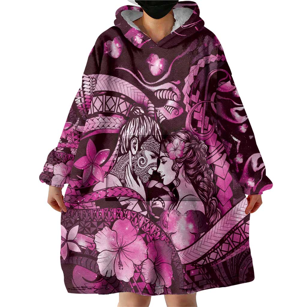 Personalised Maori Romantic Valentine Wearable Blanket Hoodie The Hongi Kiss Pink Galaxy DT05 - Polynesian Pride