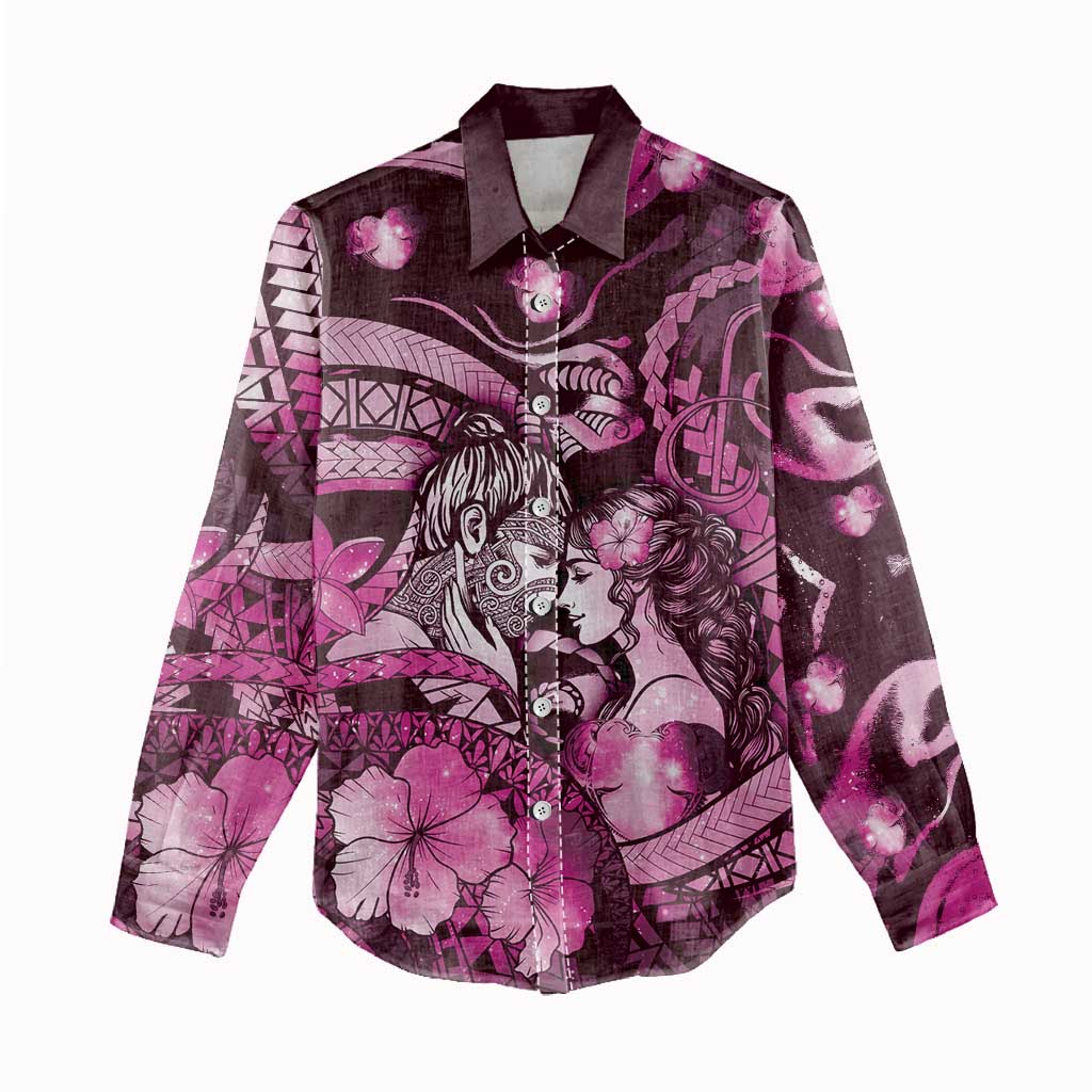 Personalised Maori Romantic Valentine Women Casual Shirt The Hongi Kiss Pink Galaxy DT05 - Polynesian Pride