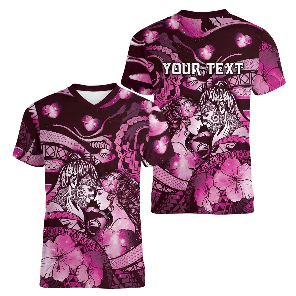 Personalised Maori Romantic Valentine Women V-Neck T-Shirt The Hongi Kiss Pink Galaxy DT05 - Polynesian Pride