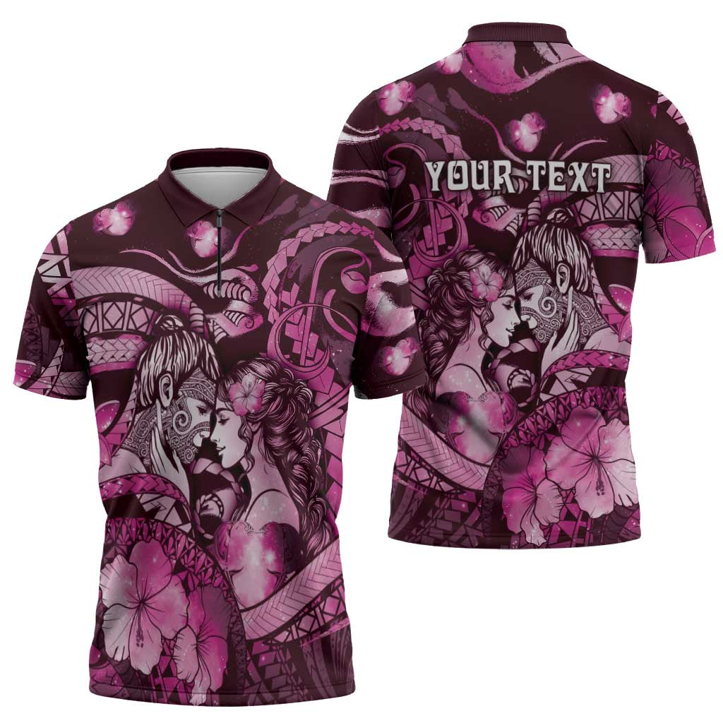 Personalised Maori Romantic Valentine Zipper Polo Shirt The Hongi Kiss Pink Galaxy DT05 - Polynesian Pride