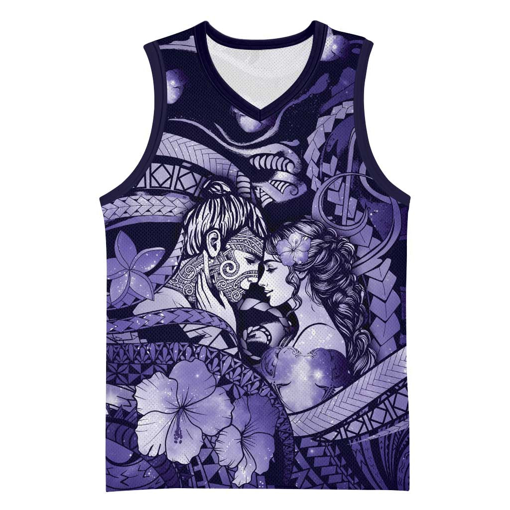 Personalised Maori Romantic Valentine Basketball Jersey The Hongi Kiss Purple Galaxy DT05 Unisex Purple - Polynesian Pride