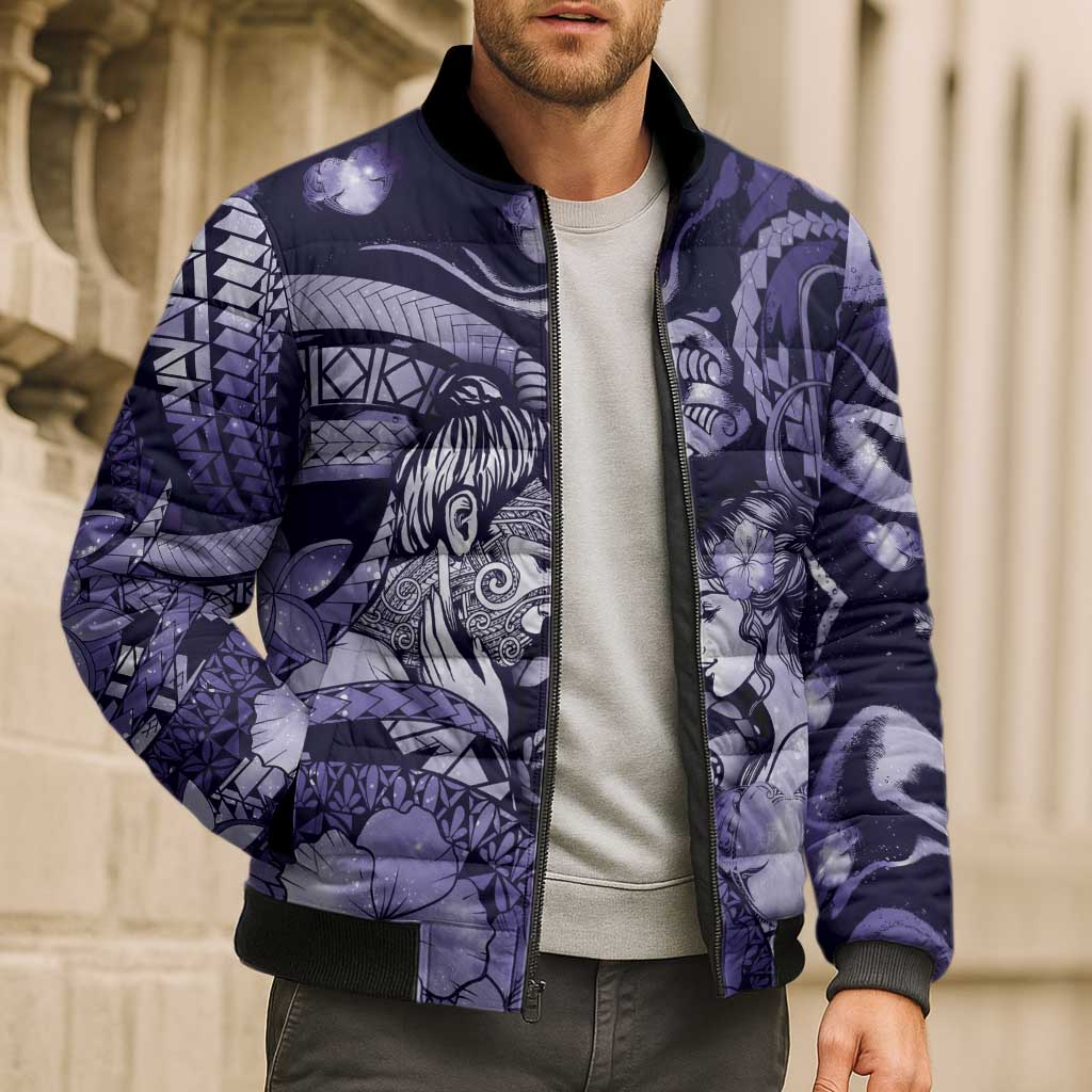 Personalised Maori Romantic Valentine Bomber Puffer Jacket The Hongi Kiss Purple Galaxy