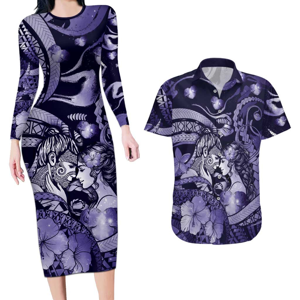 Personalised Maori Romantic Valentine Couples Matching Long Sleeve Bodycon Dress and Hawaiian Shirt The Hongi Kiss Purple Galaxy DT05 Purple - Polynesian Pride