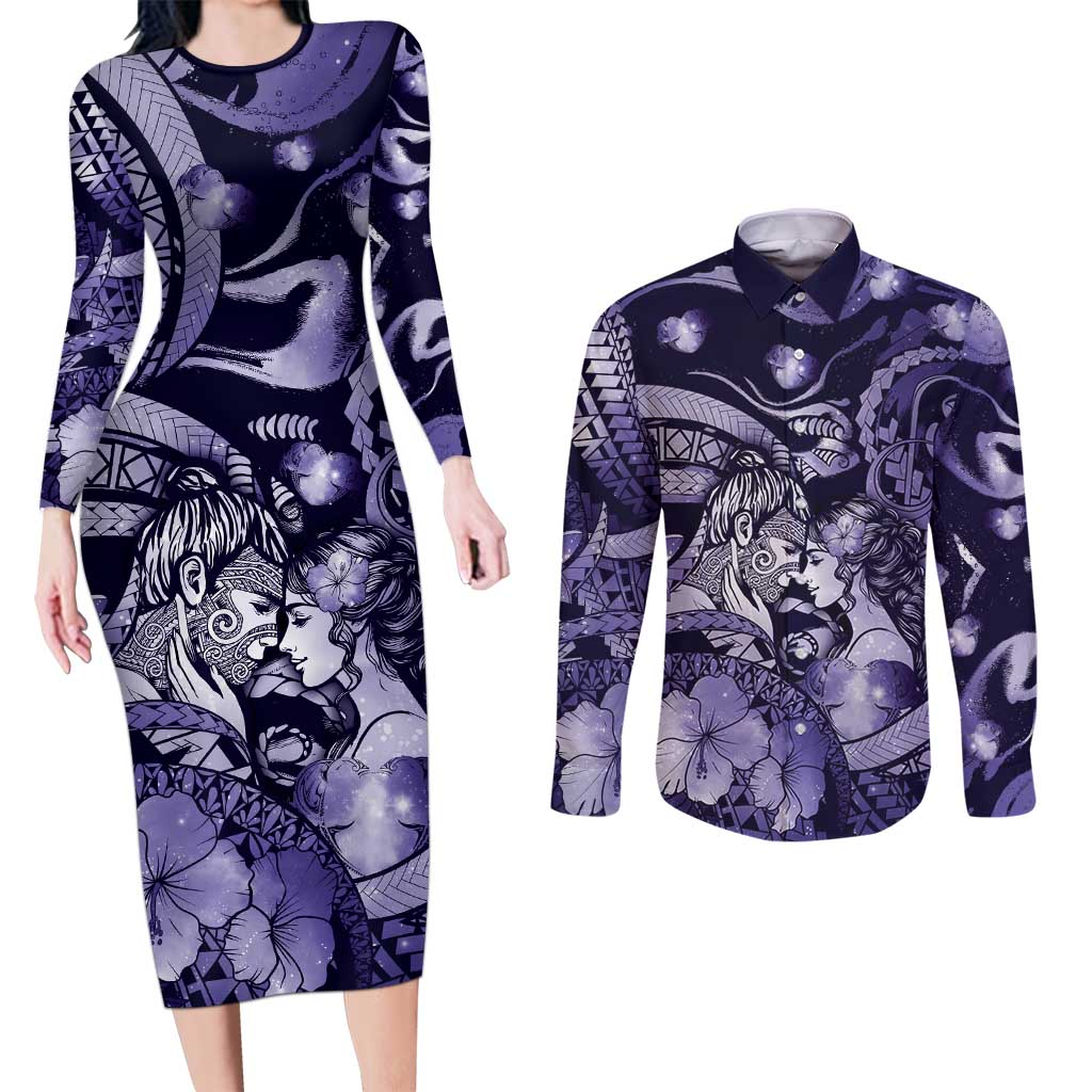 Personalised Maori Romantic Valentine Couples Matching Long Sleeve Bodycon Dress and Long Sleeve Button Shirt The Hongi Kiss Purple Galaxy DT05 Purple - Polynesian Pride