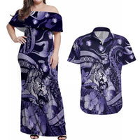 Personalised Maori Romantic Valentine Couples Matching Off Shoulder Maxi Dress and Hawaiian Shirt The Hongi Kiss Purple Galaxy DT05 Purple - Polynesian Pride