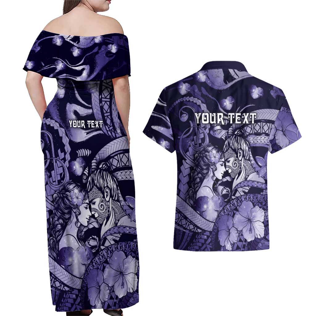 Personalised Maori Romantic Valentine Couples Matching Off Shoulder Maxi Dress and Hawaiian Shirt The Hongi Kiss Purple Galaxy DT05 - Polynesian Pride