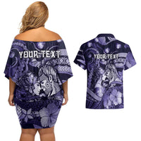 Personalised Maori Romantic Valentine Couples Matching Off Shoulder Short Dress and Hawaiian Shirt The Hongi Kiss Purple Galaxy DT05 - Polynesian Pride
