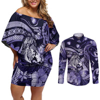 Personalised Maori Romantic Valentine Couples Matching Off Shoulder Short Dress and Long Sleeve Button Shirt The Hongi Kiss Purple Galaxy DT05 Purple - Polynesian Pride