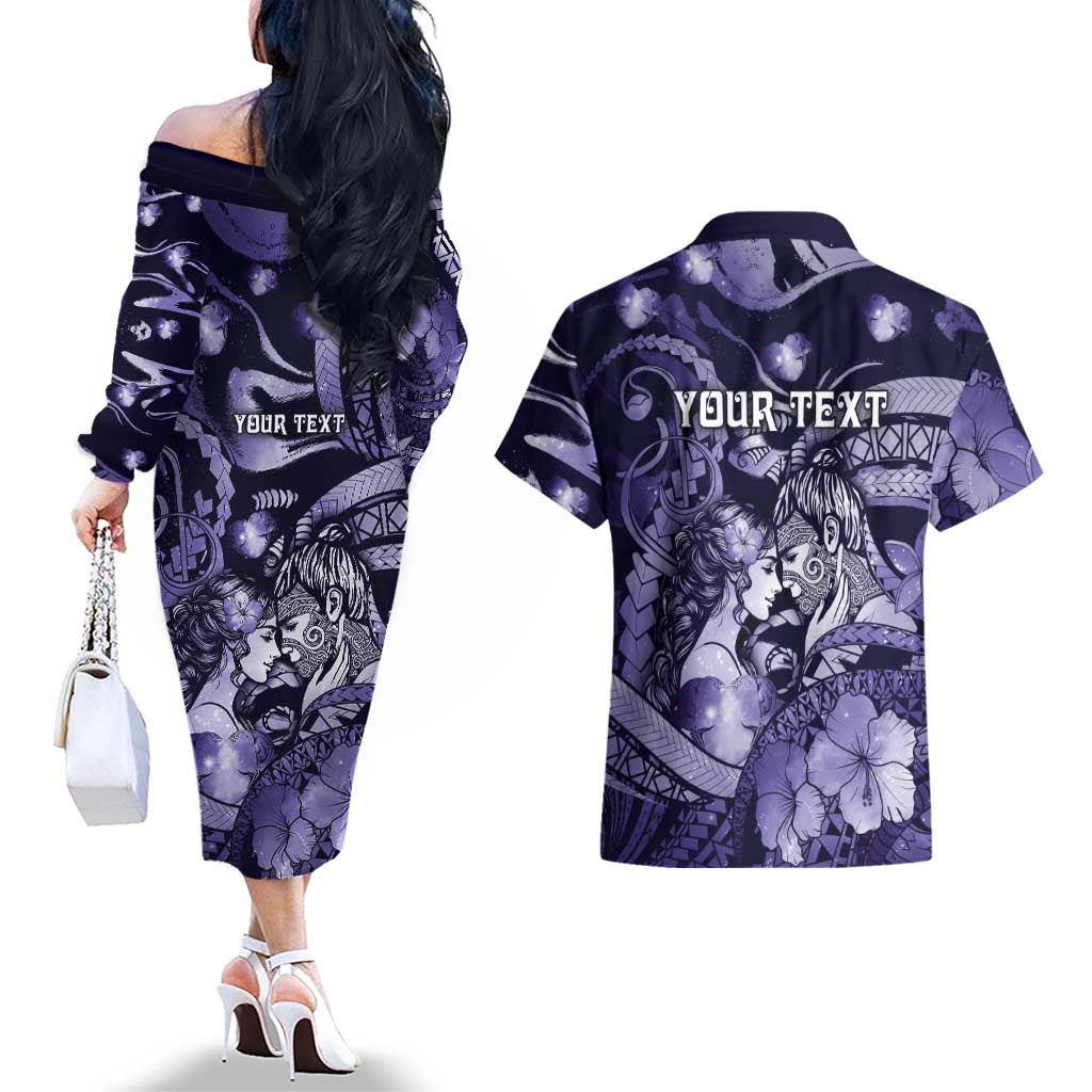 Personalised Maori Romantic Valentine Couples Matching Off The Shoulder Long Sleeve Dress and Hawaiian Shirt The Hongi Kiss Purple Galaxy DT05 - Polynesian Pride