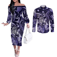 Personalised Maori Romantic Valentine Couples Matching Off The Shoulder Long Sleeve Dress and Long Sleeve Button Shirt The Hongi Kiss Purple Galaxy DT05 Purple - Polynesian Pride