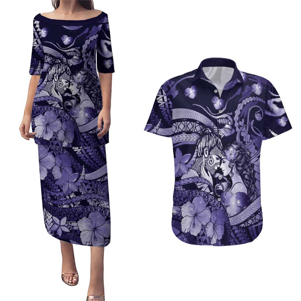 Personalised Maori Romantic Valentine Couples Matching Puletasi and Hawaiian Shirt The Hongi Kiss Purple Galaxy DT05 Purple - Polynesian Pride
