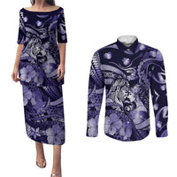 Personalised Maori Romantic Valentine Couples Matching Puletasi and Long Sleeve Button Shirt The Hongi Kiss Purple Galaxy DT05 Purple - Polynesian Pride