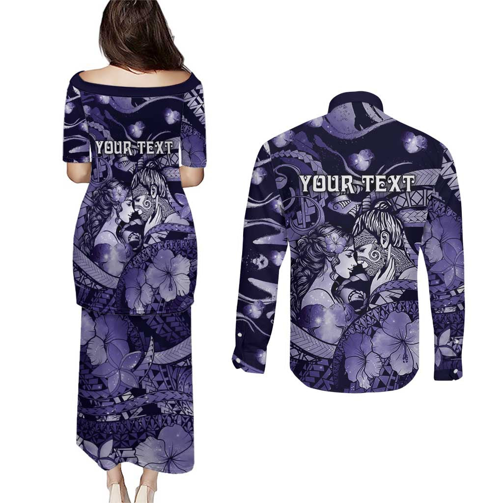 Personalised Maori Romantic Valentine Couples Matching Puletasi and Long Sleeve Button Shirt The Hongi Kiss Purple Galaxy DT05 - Polynesian Pride