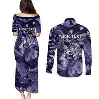 Personalised Maori Romantic Valentine Couples Matching Puletasi and Long Sleeve Button Shirt The Hongi Kiss Purple Galaxy DT05 - Polynesian Pride