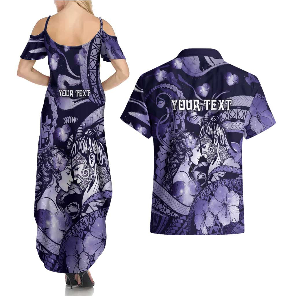 Personalised Maori Romantic Valentine Couples Matching Summer Maxi Dress and Hawaiian Shirt The Hongi Kiss Purple Galaxy DT05 - Polynesian Pride