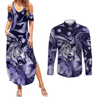 Personalised Maori Romantic Valentine Couples Matching Summer Maxi Dress and Long Sleeve Button Shirt The Hongi Kiss Purple Galaxy DT05 Purple - Polynesian Pride
