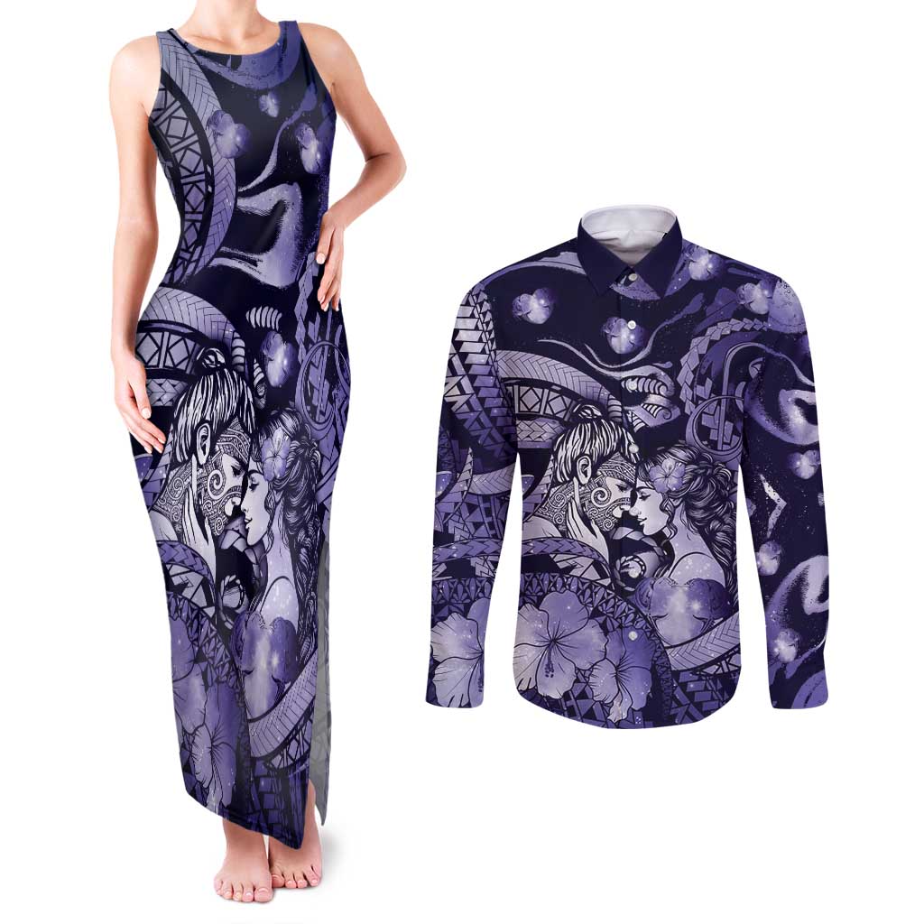 Personalised Maori Romantic Valentine Couples Matching Tank Maxi Dress and Long Sleeve Button Shirt The Hongi Kiss Purple Galaxy