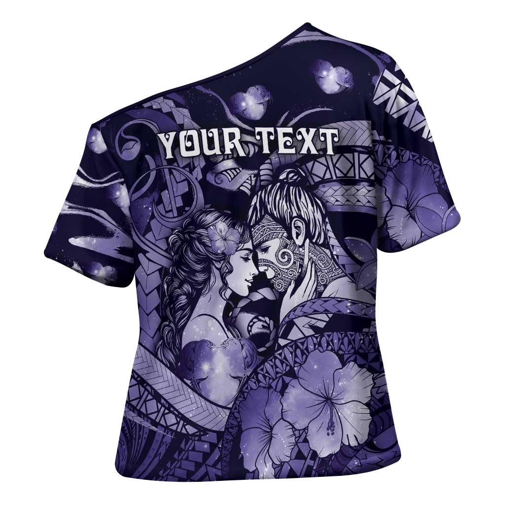 Personalised Maori Romantic Valentine Cross Shoulder Shirt The Hongi Kiss Purple Galaxy DT05 - Polynesian Pride