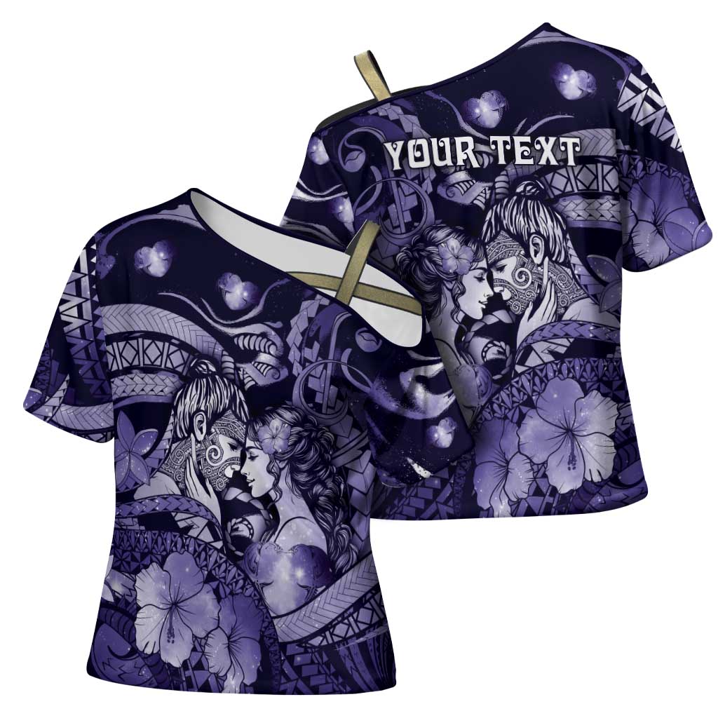 Personalised Maori Romantic Valentine Cross Shoulder Shirt The Hongi Kiss Purple Galaxy DT05 - Polynesian Pride