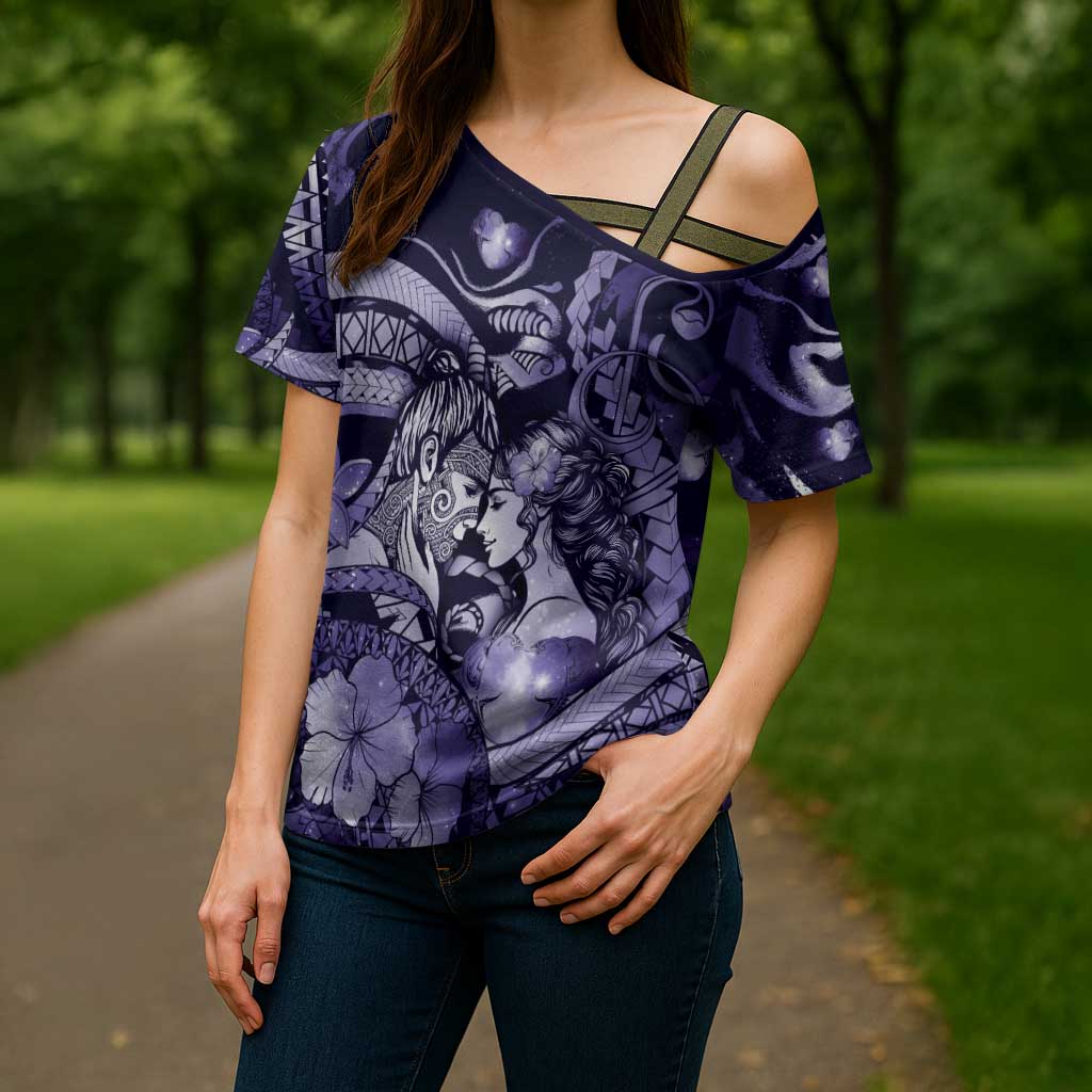 Personalised Maori Romantic Valentine Cross Shoulder Shirt The Hongi Kiss Purple Galaxy DT05 - Polynesian Pride