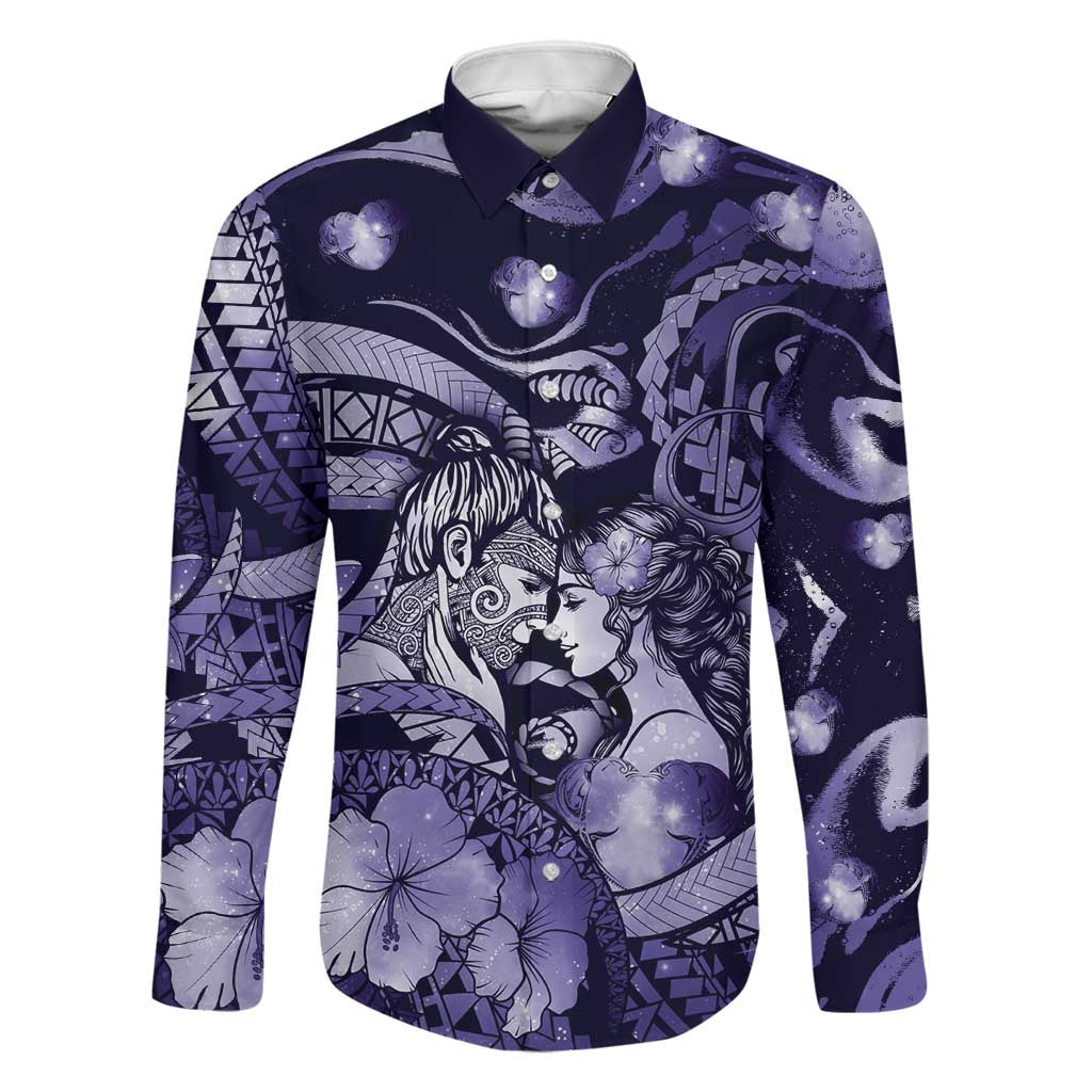 Personalised Maori Romantic Valentine Family Matching Long Sleeve Bodycon Dress and Hawaiian Shirt The Hongi Kiss Purple Galaxy DT05 Dad's Shirt - Long Sleeve Purple - Polynesian Pride