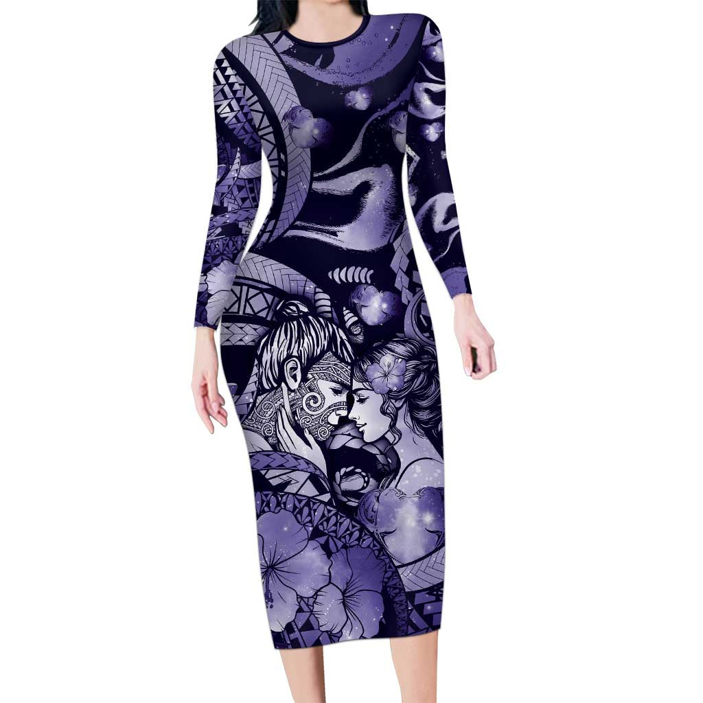 Personalised Maori Romantic Valentine Family Matching Long Sleeve Bodycon Dress and Hawaiian Shirt The Hongi Kiss Purple Galaxy DT05 Mom's Dress Purple - Polynesian Pride