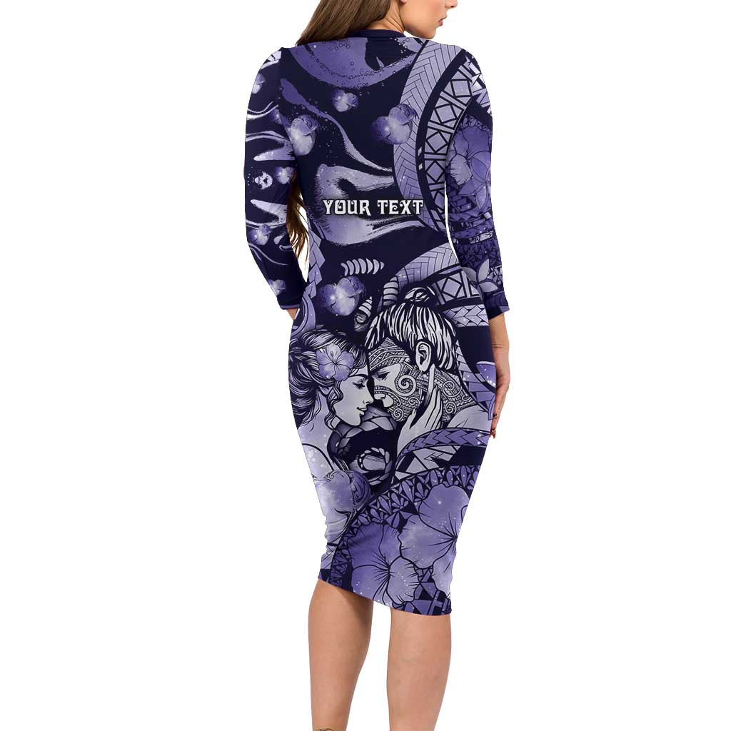 Personalised Maori Romantic Valentine Family Matching Long Sleeve Bodycon Dress and Hawaiian Shirt The Hongi Kiss Purple Galaxy DT05 - Polynesian Pride