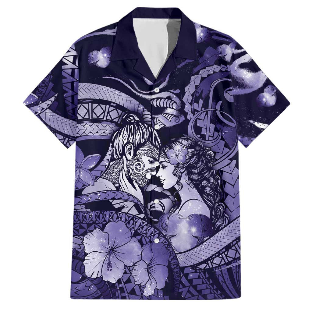 Personalised Maori Romantic Valentine Family Matching Off The Shoulder Long Sleeve Dress and Hawaiian Shirt The Hongi Kiss Purple Galaxy DT05 Dad's Shirt - Short Sleeve Purple - Polynesian Pride