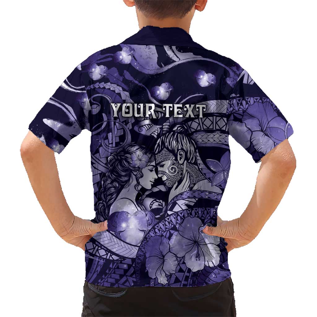 Personalised Maori Romantic Valentine Family Matching Off Shoulder Short Dress and Hawaiian Shirt The Hongi Kiss Purple Galaxy DT05 - Polynesian Pride