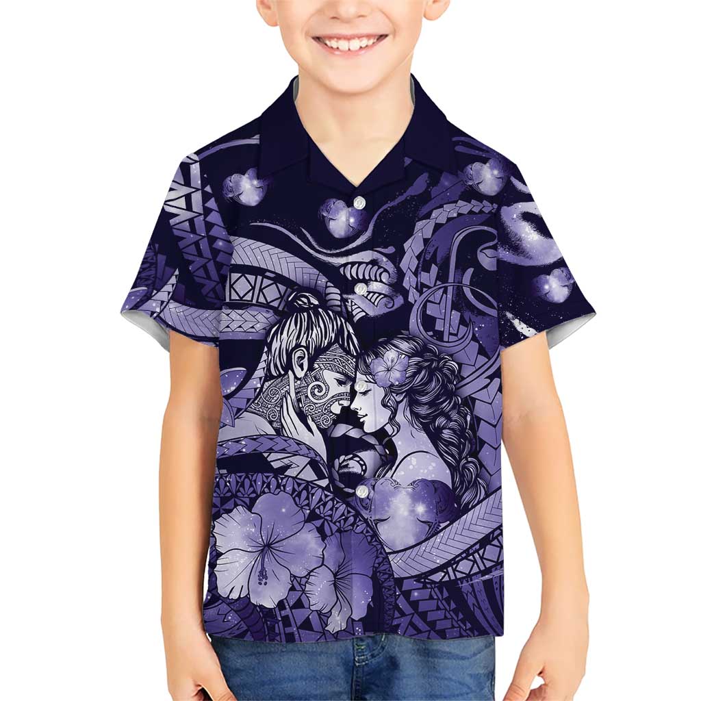Personalised Maori Romantic Valentine Family Matching Off Shoulder Short Dress and Hawaiian Shirt The Hongi Kiss Purple Galaxy DT05 Son's Shirt Purple - Polynesian Pride